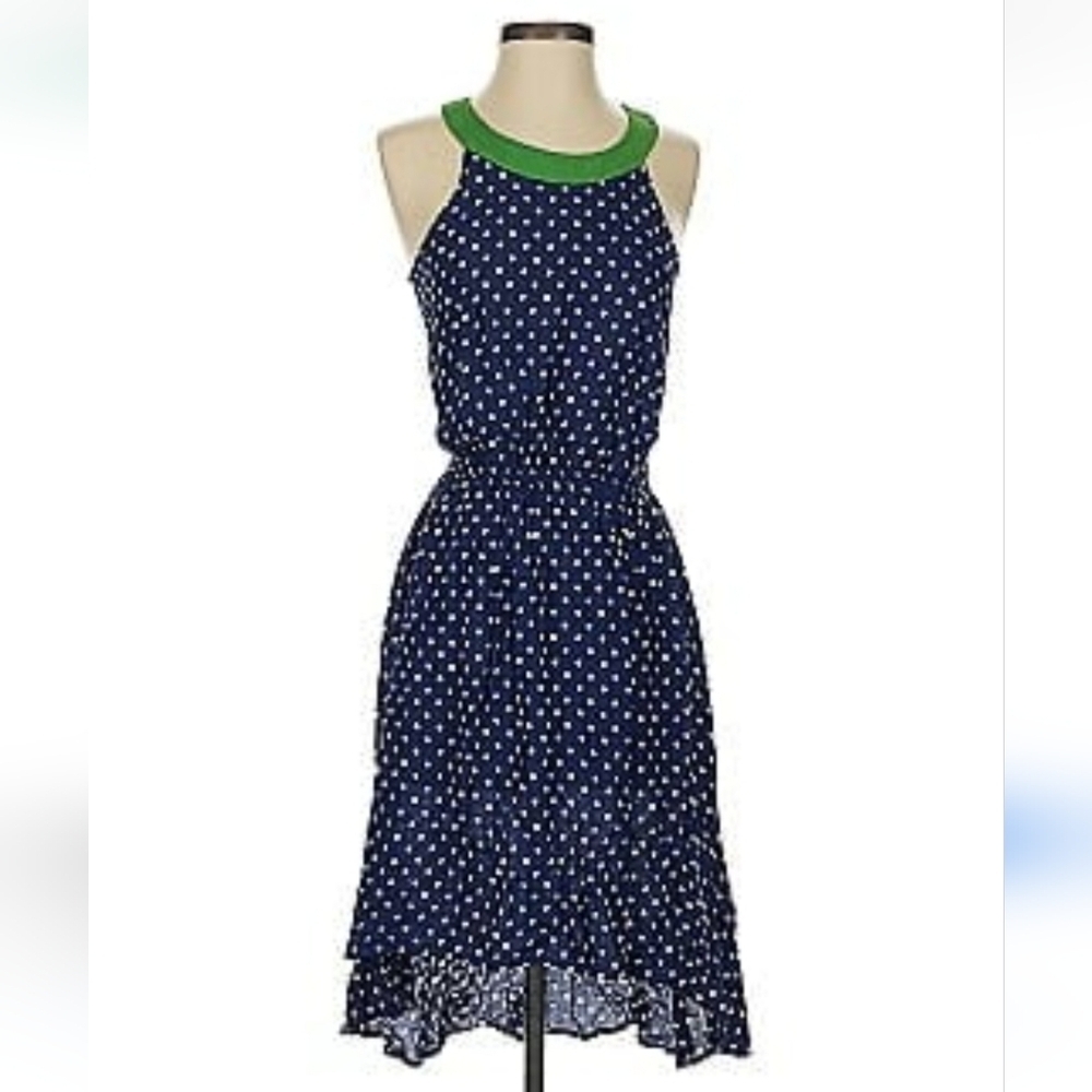 Lark Lilka Anthropologie Blue Whote Polka Dot Halter Dress High Low Hem Sz. XS